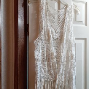Crochet white cotton vest with fringe